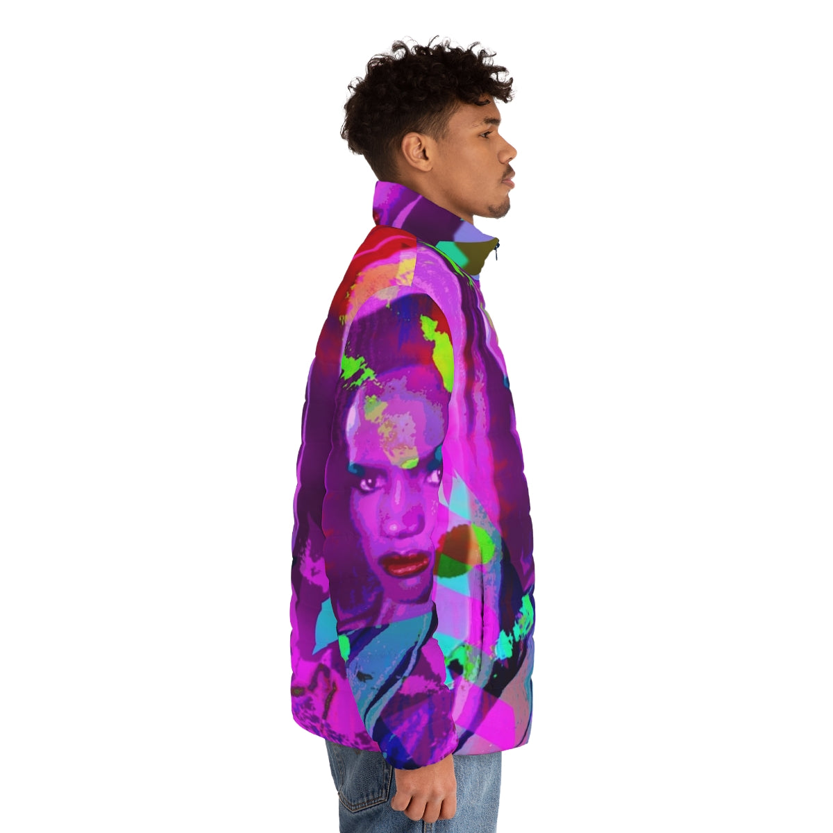 Grace Jones inspired LGBTQIA+ puffer jacket with bold, hedonistic design - men side right