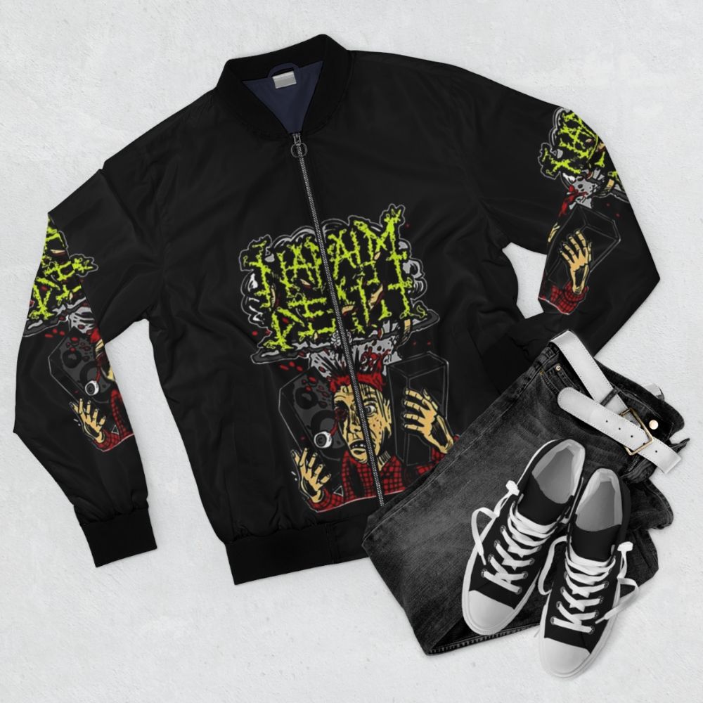 Napalm Death 80s/90s Metal Band Bomber Jacket featuring the band's new logo design - Flat lay