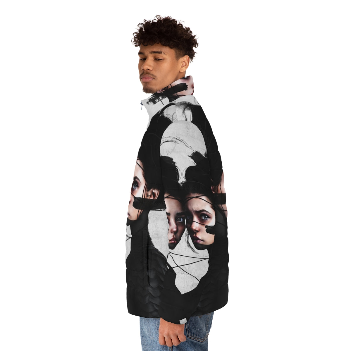 Gemini puffer jacket with portrait, realism, and pop surrealism design - men side left