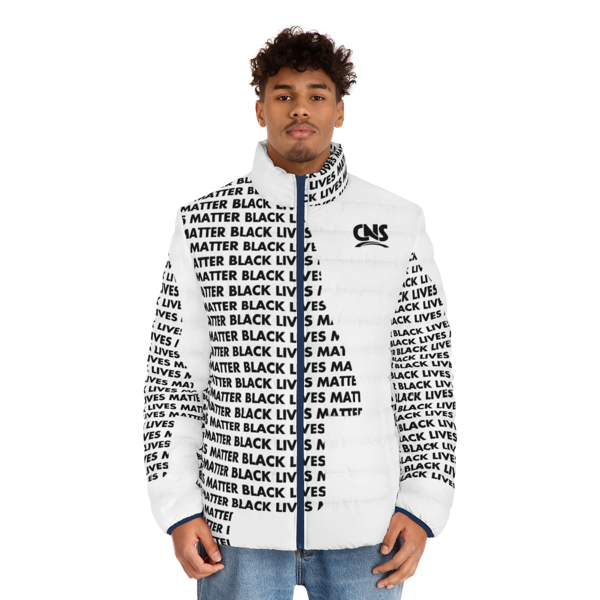 White puffer jacket with "BLM" printed in black - men front