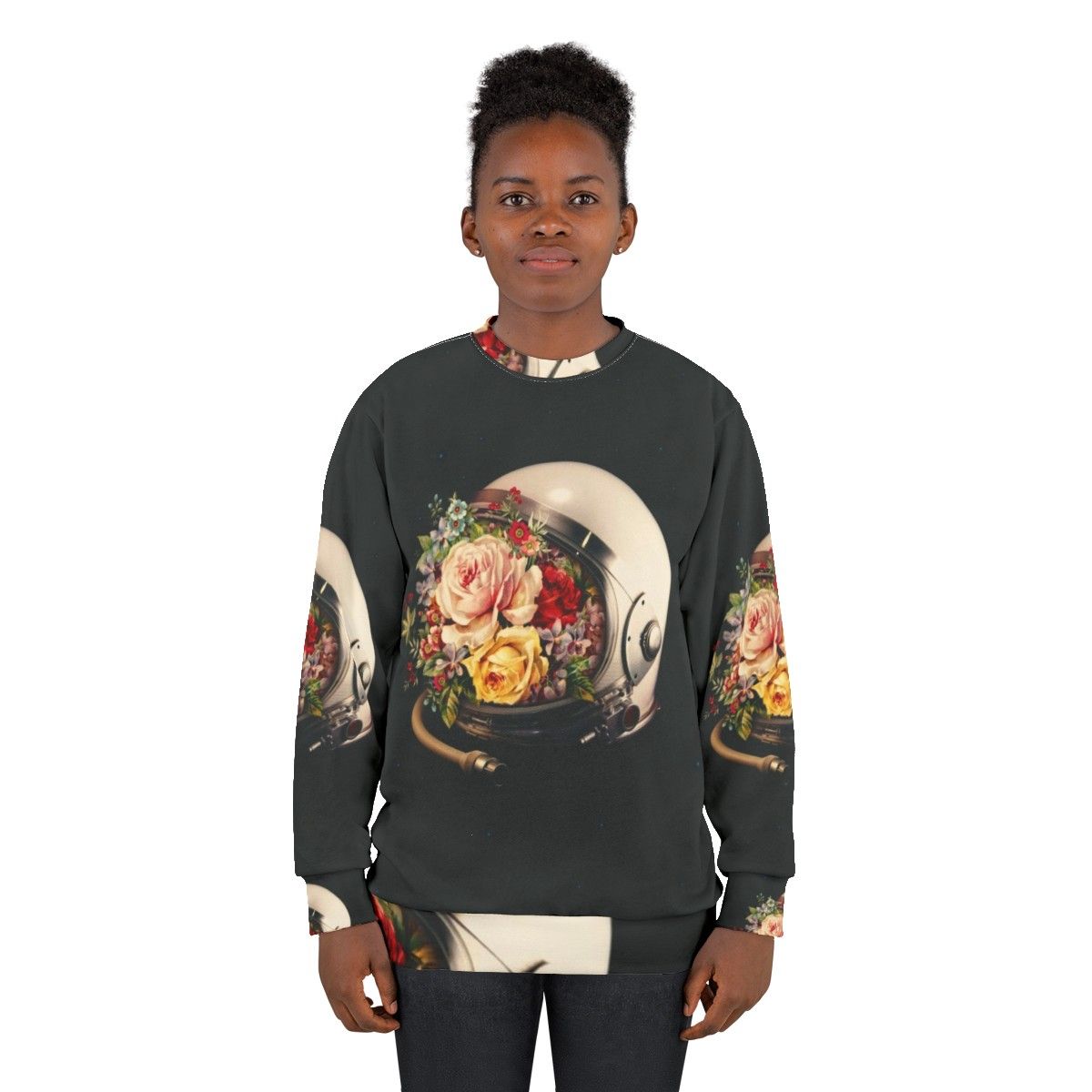 Celestial Bloom Astronaut Sweatshirt featuring a surreal collage of an astronaut, stars, and flowers - women