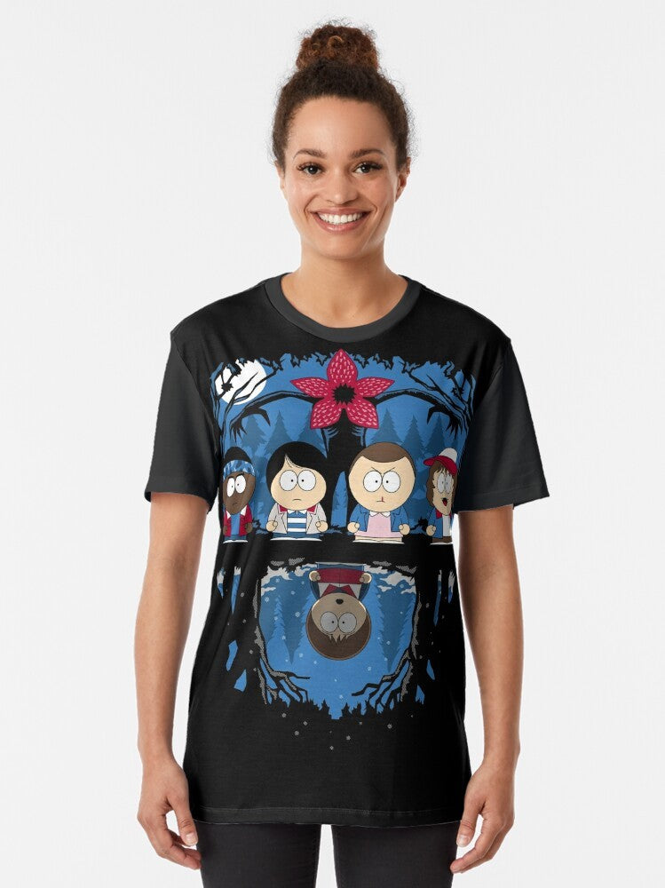 Stranger Things inspired 80s graphic t-shirt with Demogorgon and Toothless characters - Women