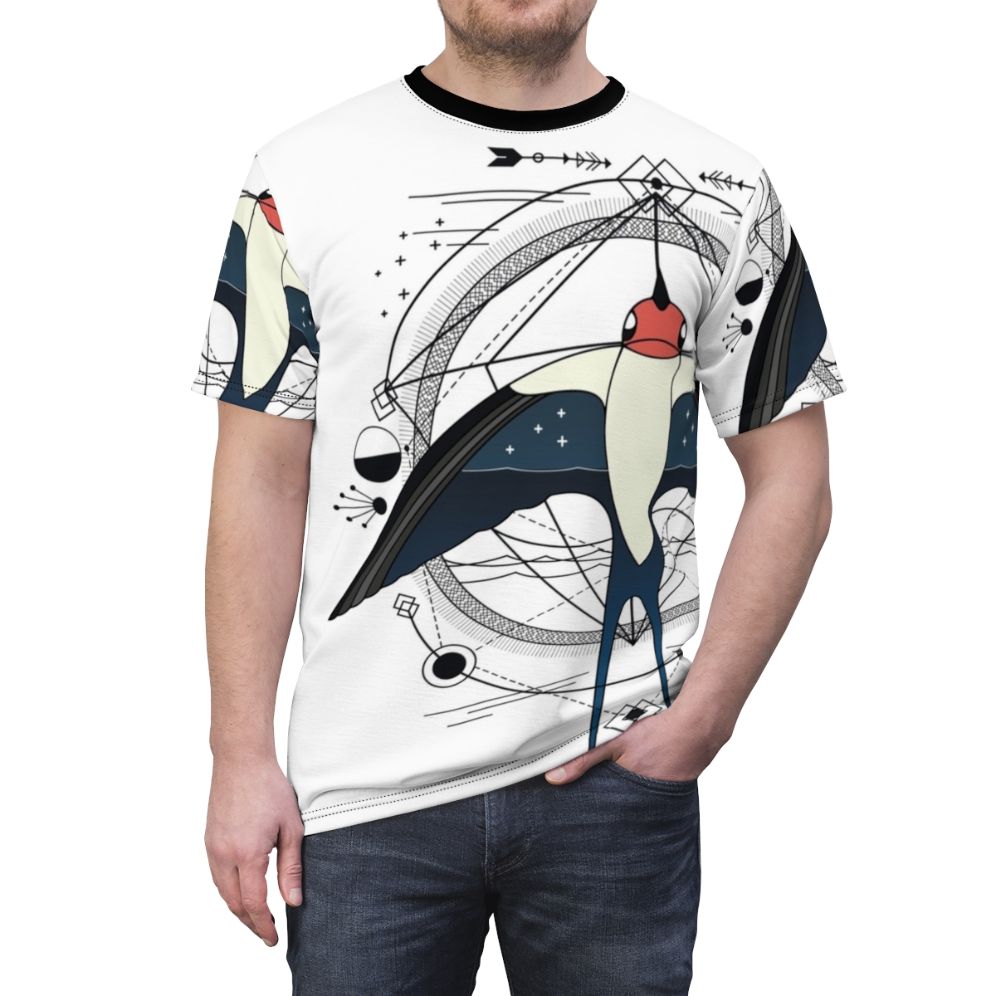 Geometric swallow bird design on a high-quality t-shirt, featuring modern abstract artwork with lineart and inked elements. - men front