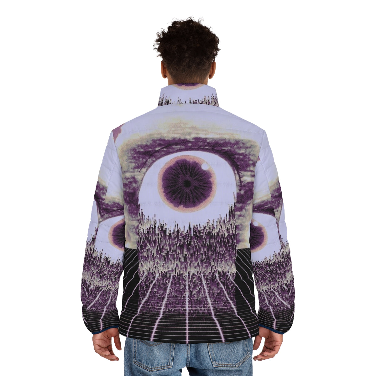 Puffer jacket with surreal glitch art and pixel design - men back