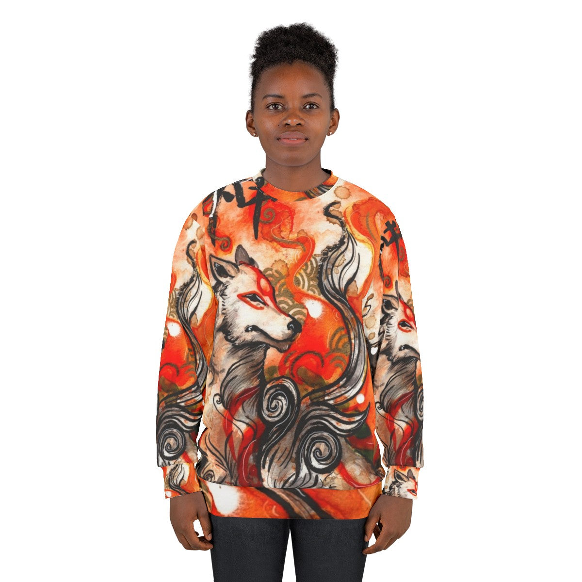 Okami Amaterasu inspired sweatshirt featuring a wolf-themed ink wash painting design - women