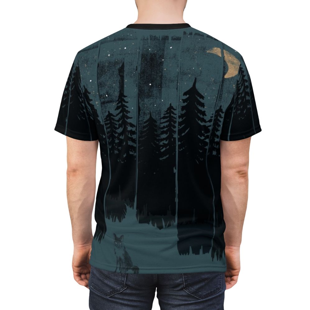 Illustration of a fox silhouetted against a full moon in a dark forest - men back