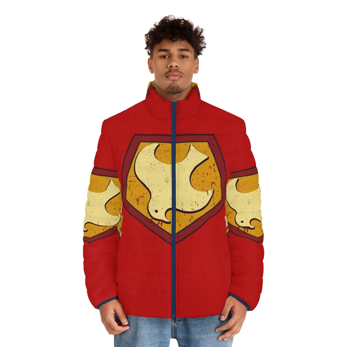 Peacemaker superhero puffer jacket with iconic emblem - men front