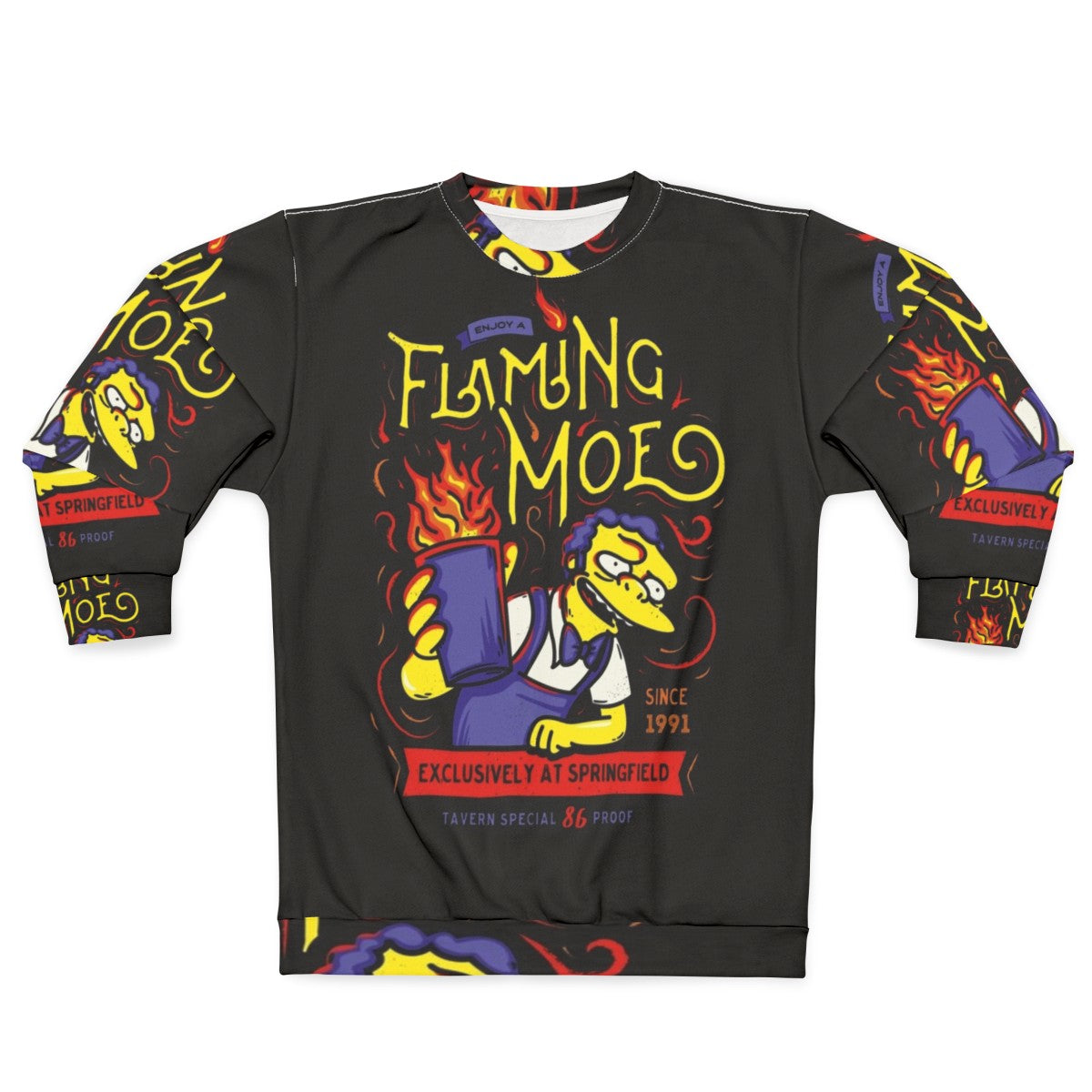 Flaming drink sweatshirt with classic cartoon design from Springfield tavern