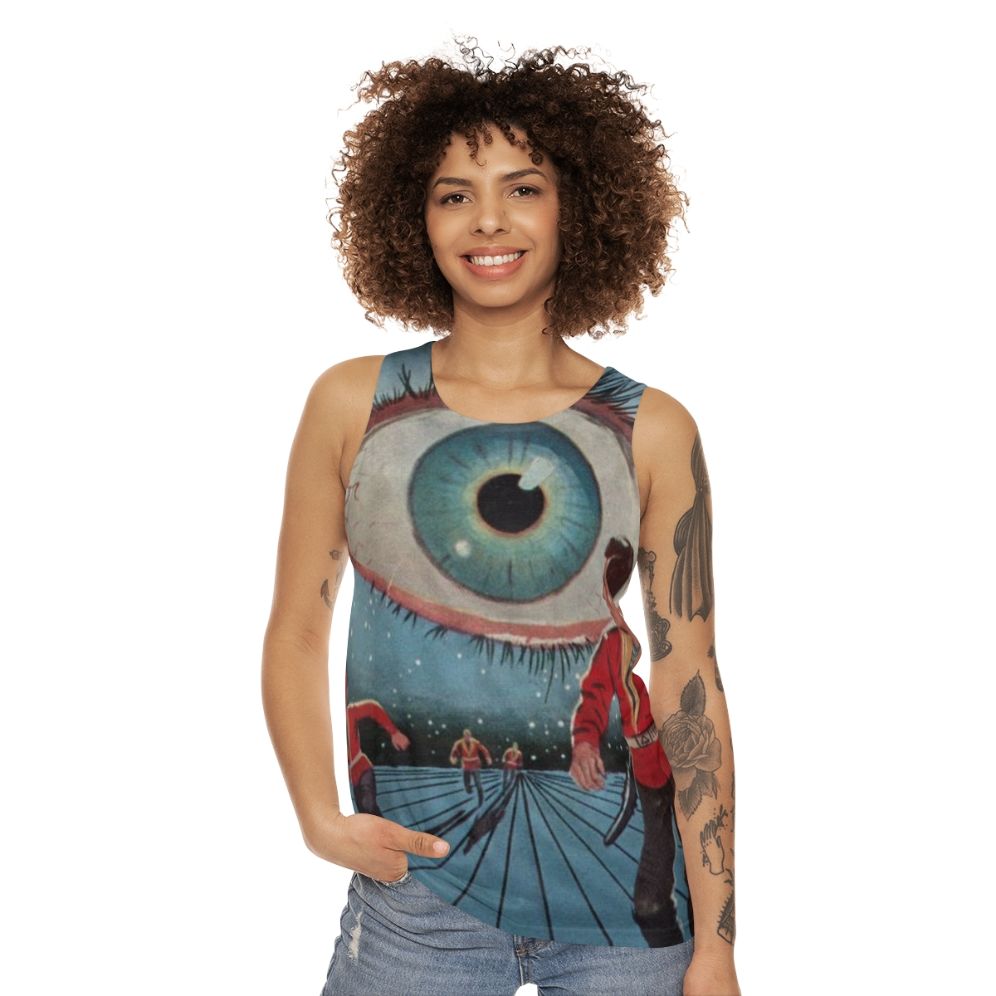 Unisex sci-fi tank top with Eye in the Sky Kindred Ubiquity design - women