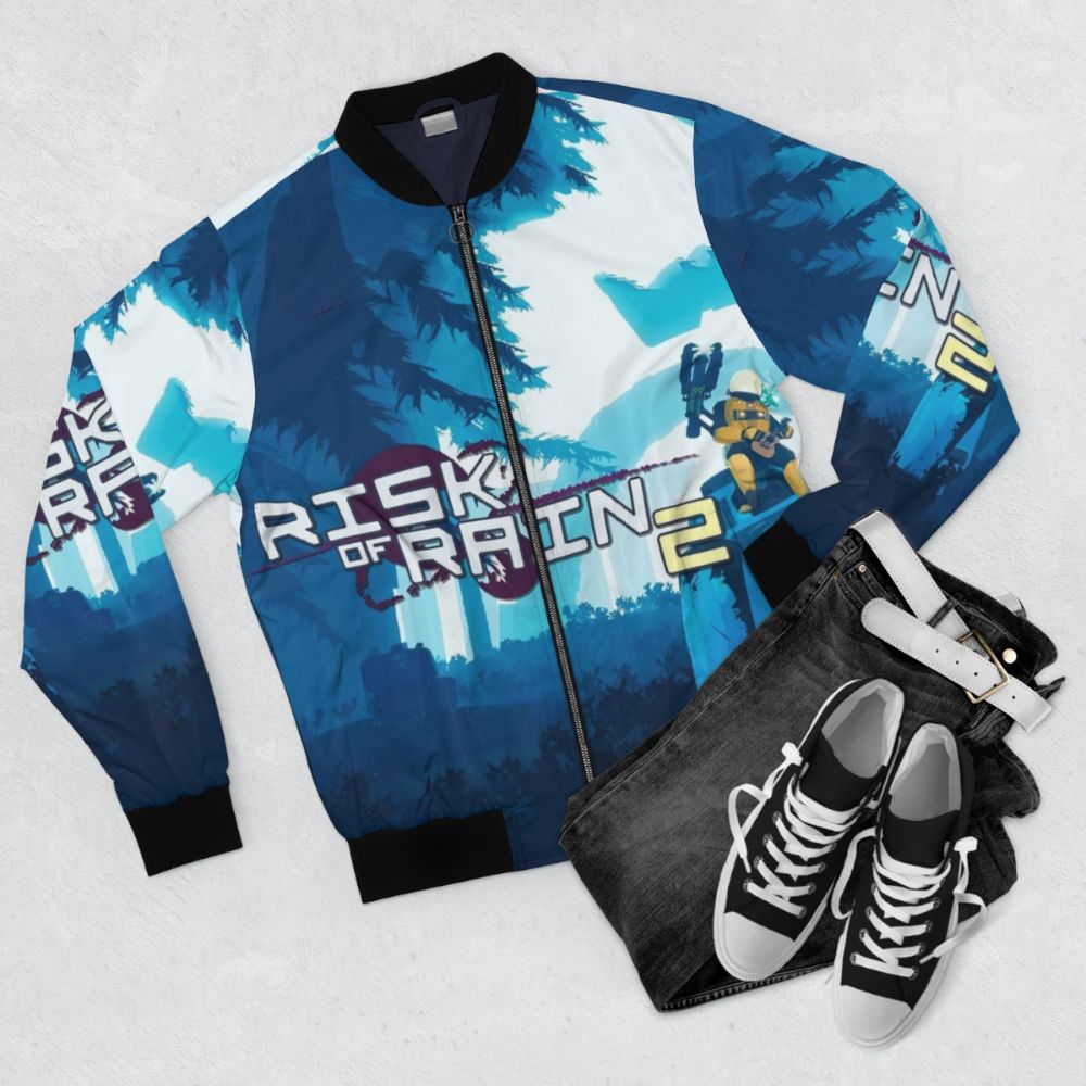 Risk of Rain Bomber Jacket with Iconic Game Artwork - Flat lay