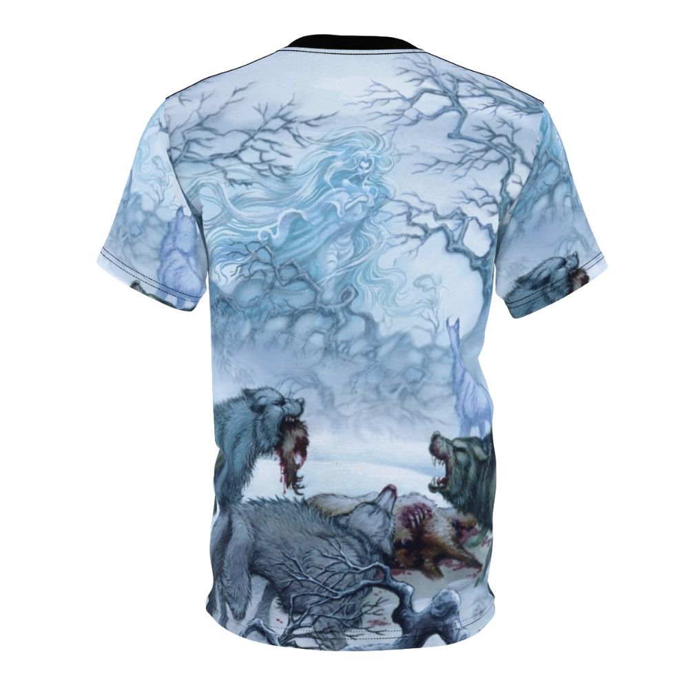 Enchanting fantasy art design featuring the wolf mother Timmain from the Elfquest series on a t-shirt. - Back