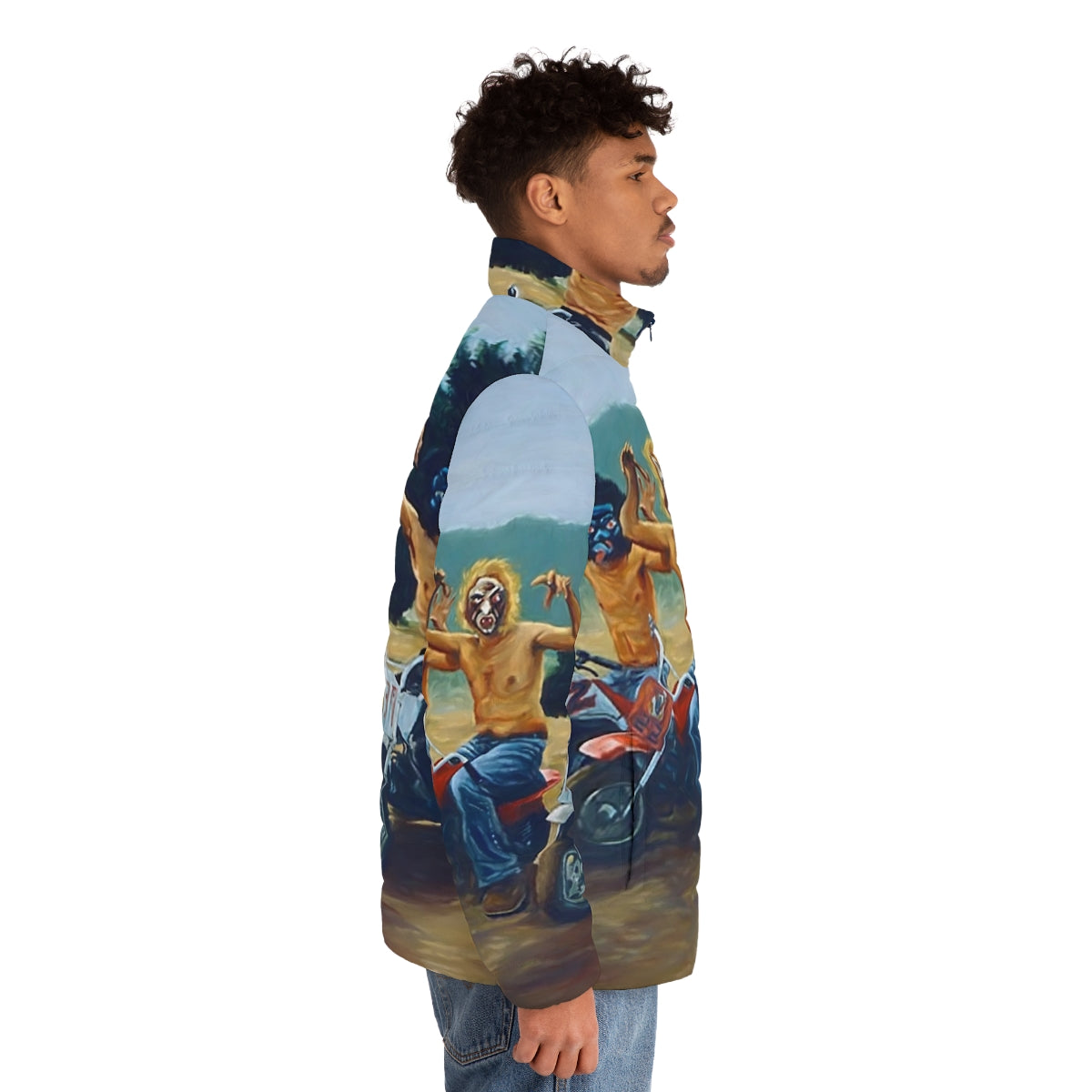 Puffer jacket featuring a painting from the iconic Wes Anderson film The Royal Tenenbaums - men side right