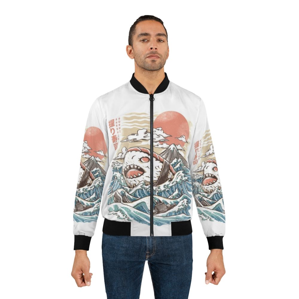 Sharkiri Sushi Anime Bomber Jacket with Shark, Sashimi, and Japanese Wave Patterns - Lifestyle