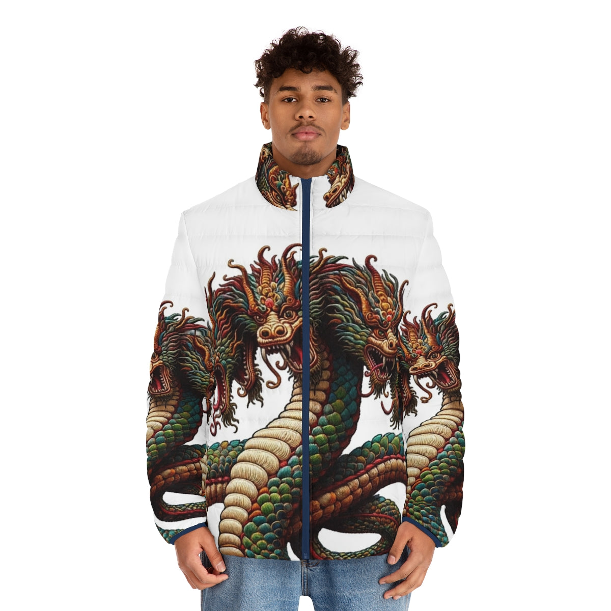 Embroidered hydra puffer jacket with legendary creature design - men front