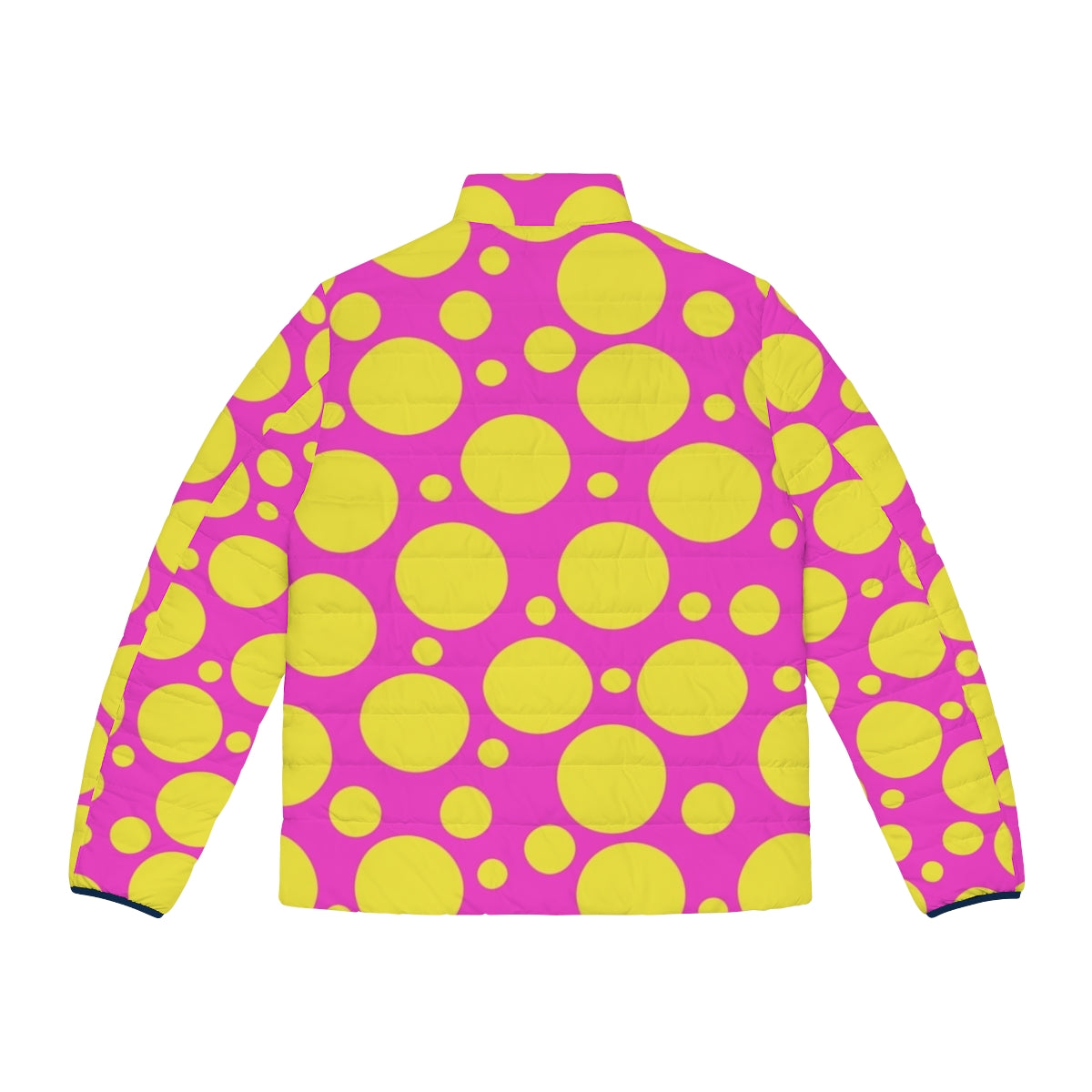 Vibrant polka dotted puffer jacket in hot pink and yellow colors - Back