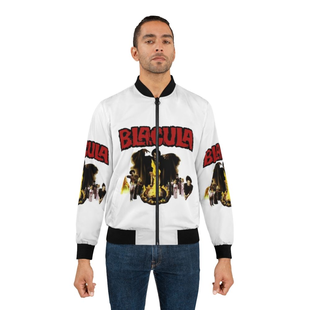 Black and red horror-themed bomber jacket with Blacula-inspired graphic design - Lifestyle