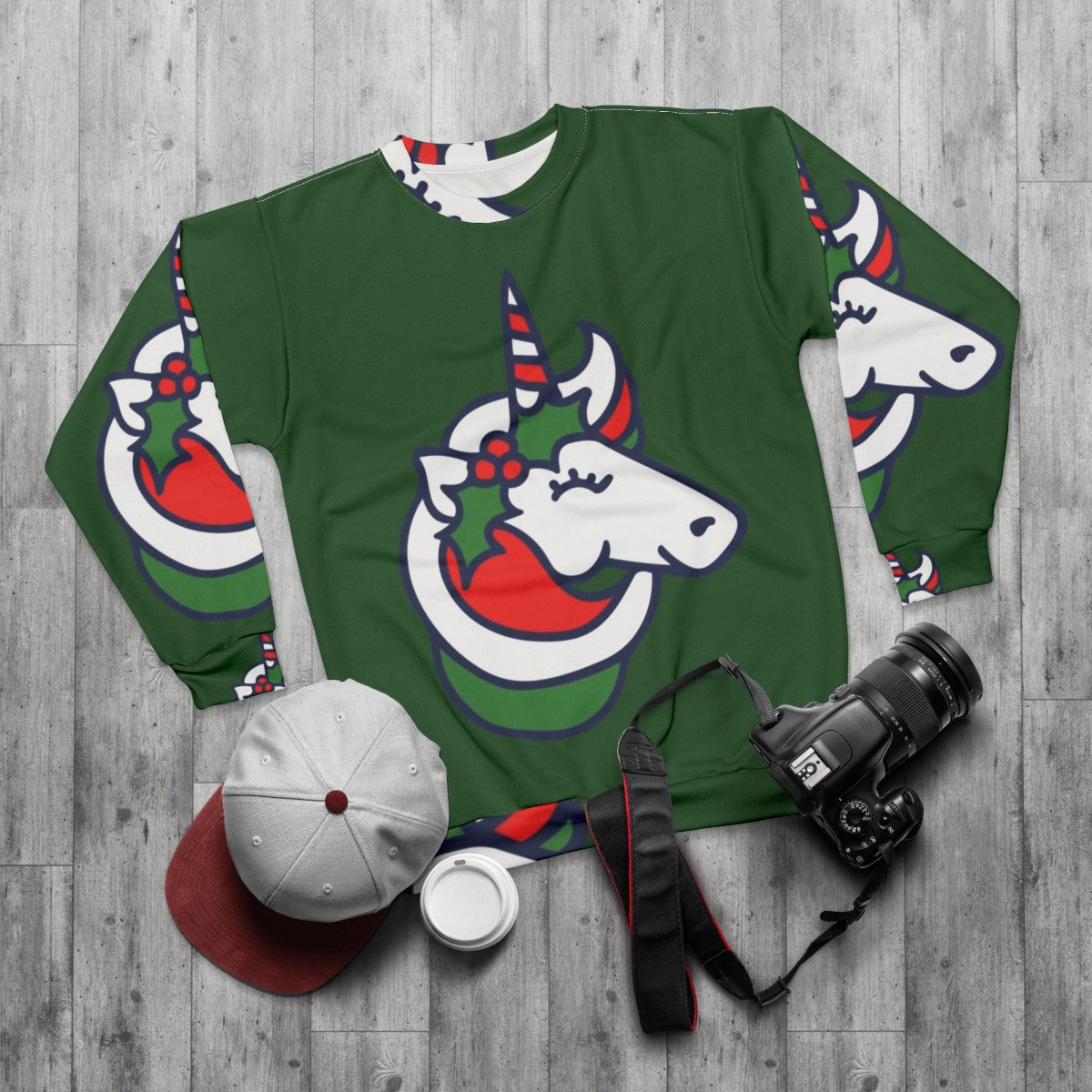 Christmas Unicorn Sweatshirt - Festive Clothing with Magical Animals - flat lay