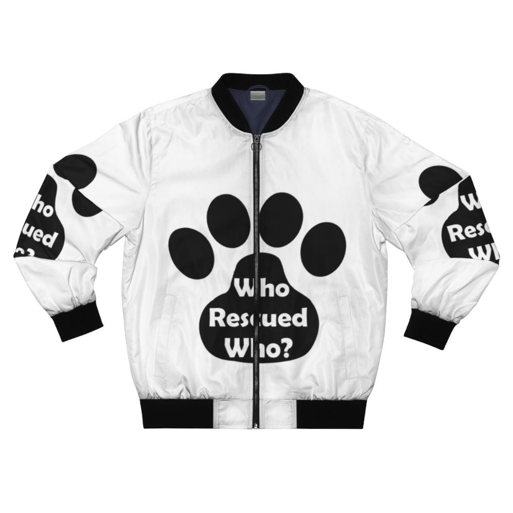 Black bomber jacket with "Who Rescued Who?" design, animal rescue theme