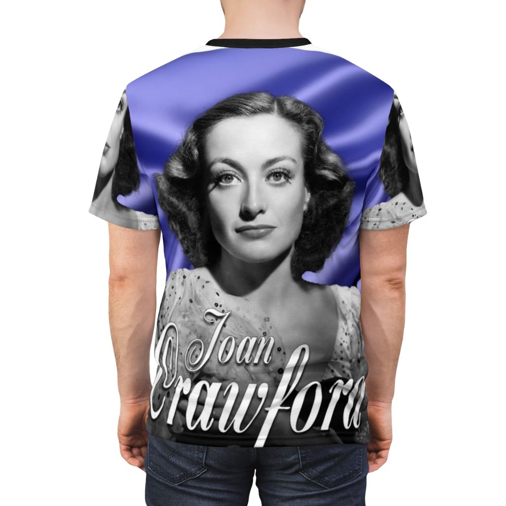 A high-quality all-over print t-shirt featuring a purple and white design inspired by the classic Hollywood star Joan Crawford. - men back