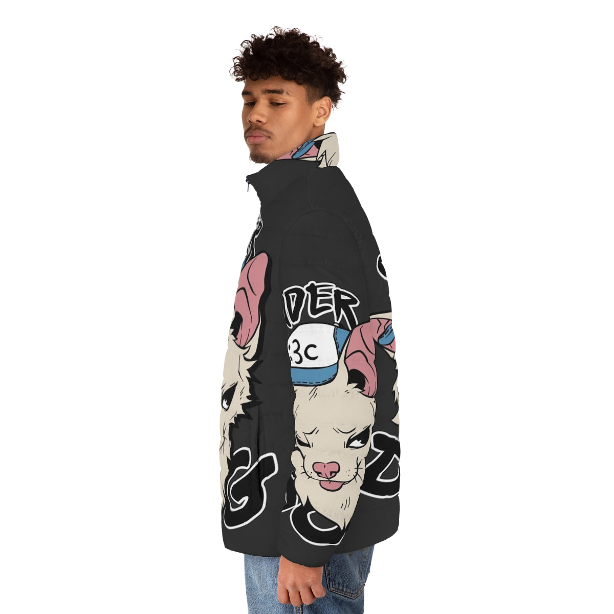 A cozy puffer jacket featuring a dog print design, perfect for LGBTQ+ and furry fashion enthusiasts. - men side left