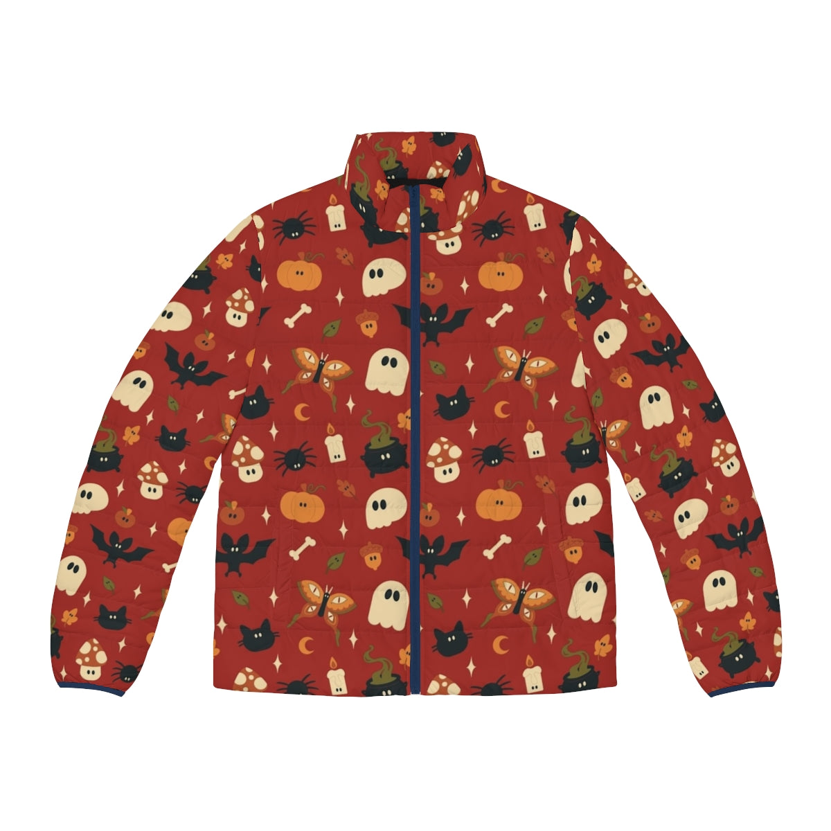 Spooky puffer jacket with skulls, ghosts, and rainbows