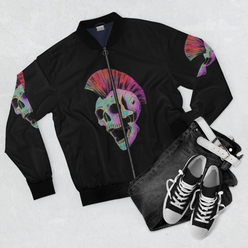 Mohawk Skull Bomber Jacket in black with colorful skull graphic - Flat lay