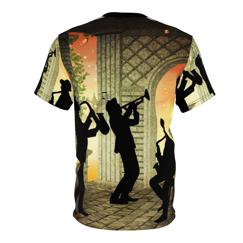 A vintage-inspired t-shirt featuring a jazz music design with saxophone, piano, and other instruments. - Back