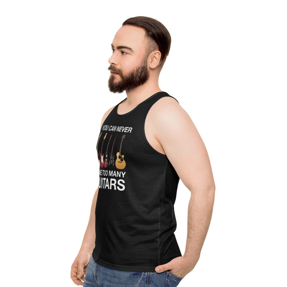 Unisex tank top with "You Can Never Have Too Many Guitars" text - men side