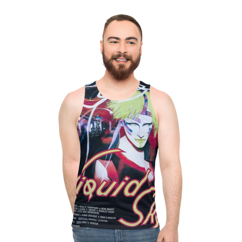 Retro unisex tank top featuring surreal art inspired by the 80s cult classic film "Liquid Sky" - men