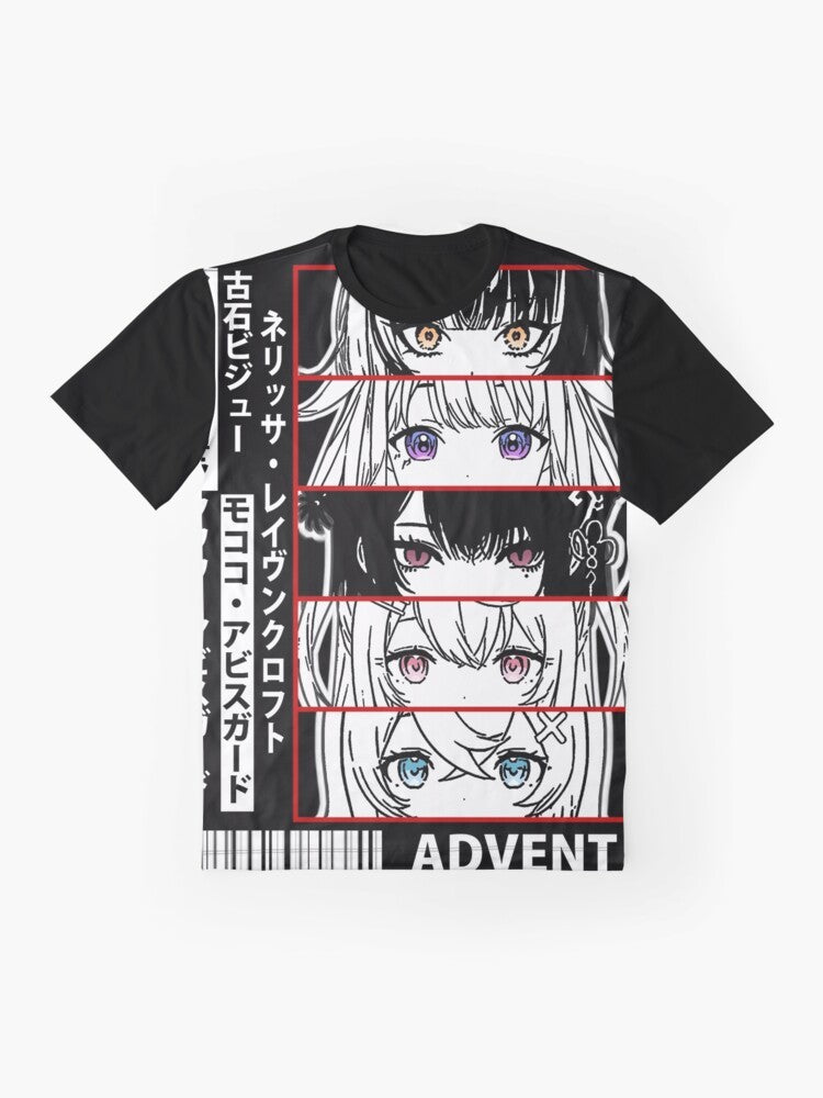 Hololive virtual youtuber graphic t-shirt featuring Hololive English characters - Flat lay