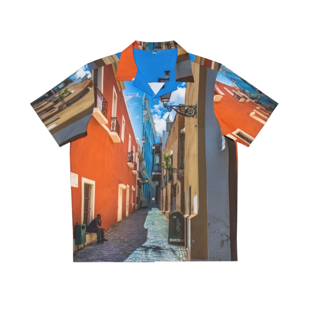 Model wearing Hawaiian shirt with Old San Juan architecture