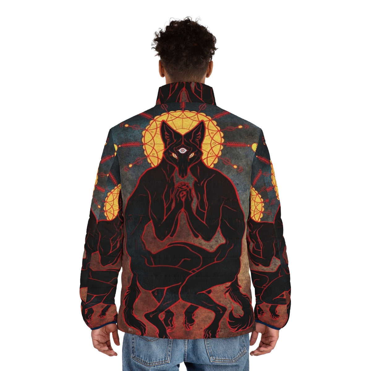 A trippy puffer jacket with a third eye design, representing shared consciousness and twin spirit. - men back