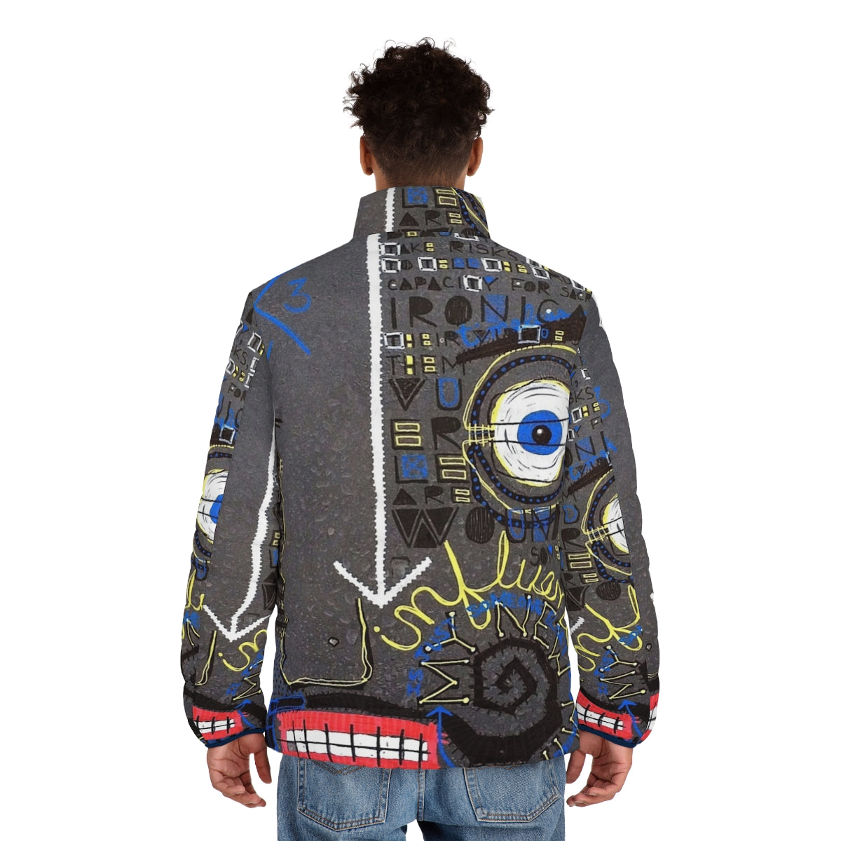 Influence Puffer Jacket featuring abstract face and mustache design - men back