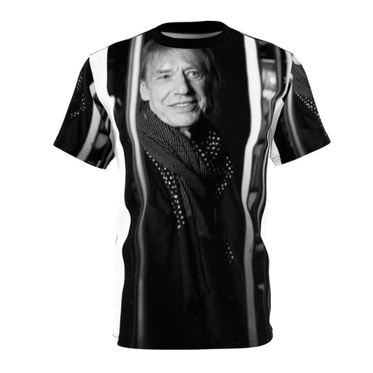 Black and white portrait of French musician Jean Louis Aubert printed on a high-quality t-shirt