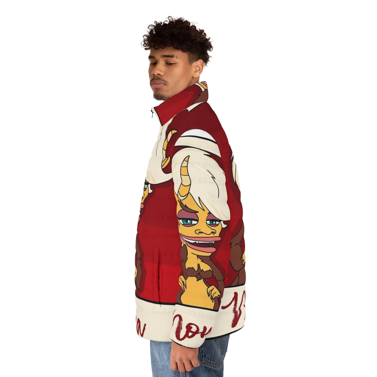 Big Mouth Hormone Monster Mona Puffer Jacket with anime-inspired design - men side left