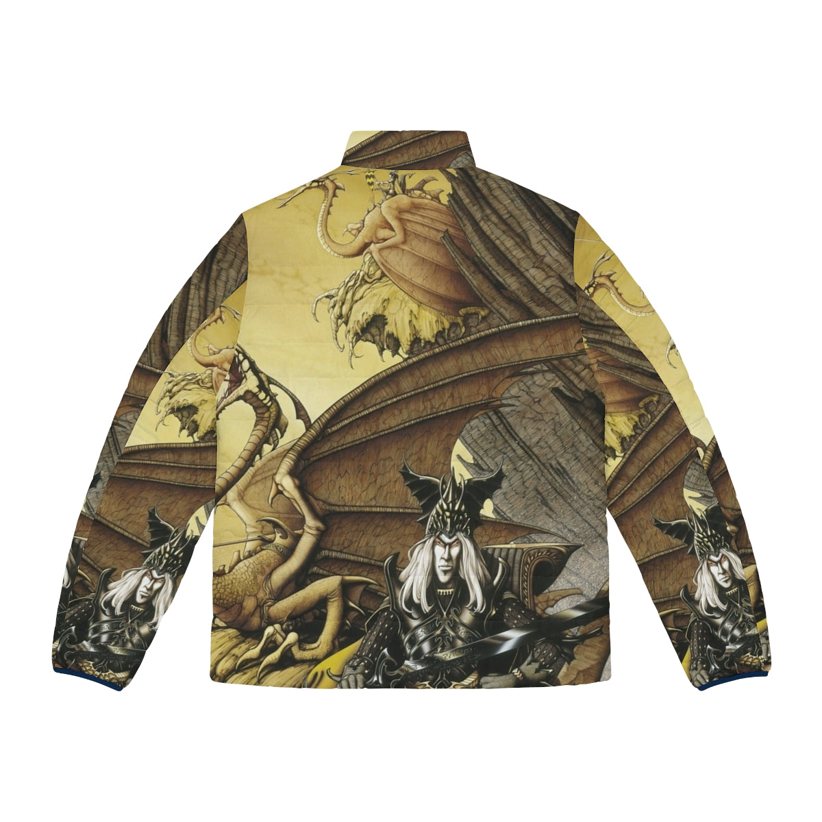 The Dragon Lord Puffer Jacket featuring fantasy art with a dragon, warrior, and sword and sorcery elements - Back