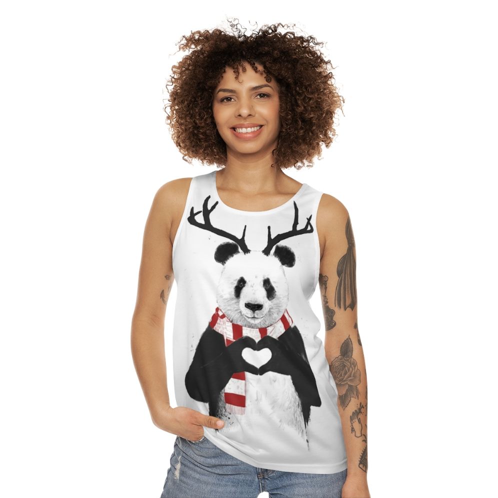 Panda wearing antlers on a Christmas-themed unisex tank top - women