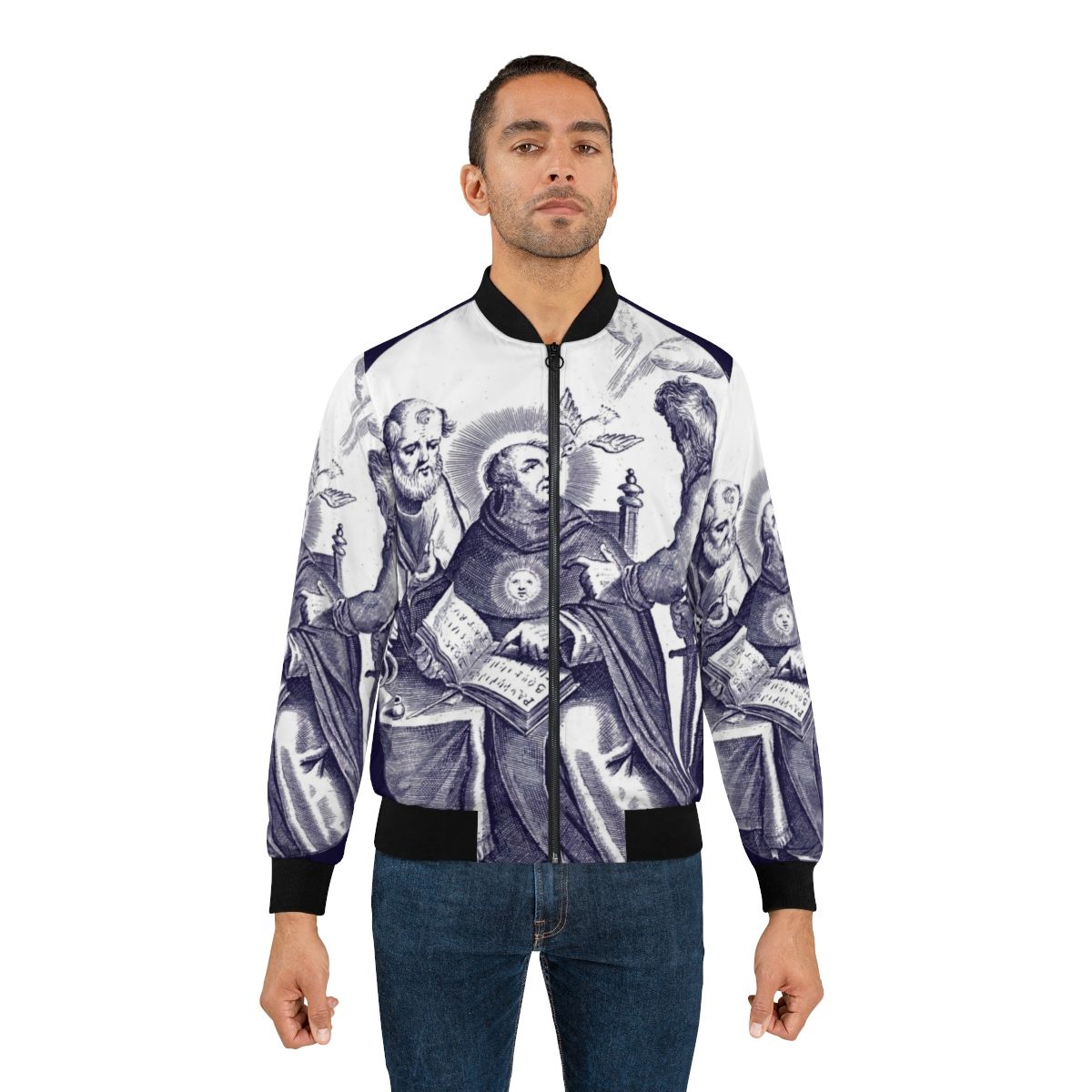 St. Thomas Aquinas Bomber Jacket with Catholic Saint Imagery - Lifestyle