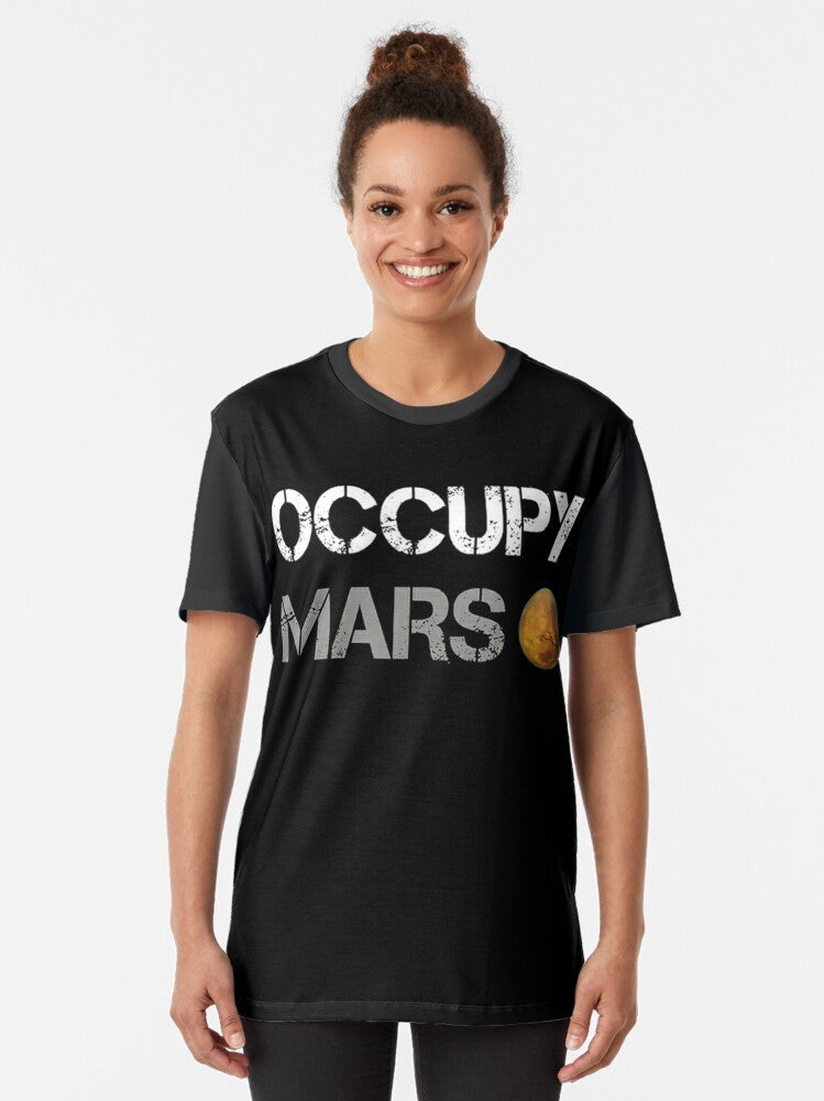 Elon Musk SpaceX "Occupy Mars" graphic t-shirt with futuristic space and cosmos design - Women