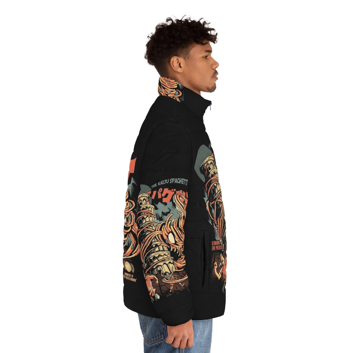 Kaiju Spaghetti Black Puffer Jacket, a retro inspired Japanese monster fashion design - men side right