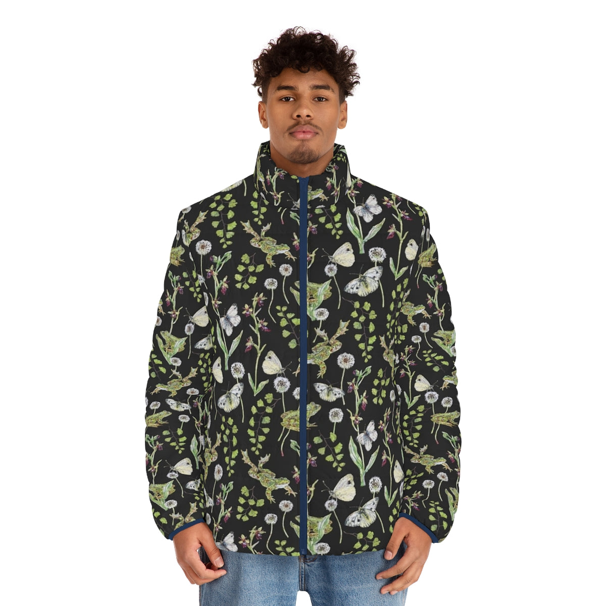 Puffer jacket with watercolor illustration of spring frogs and orchids - men front