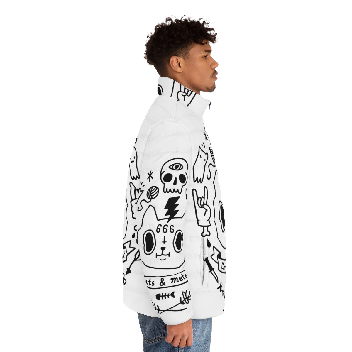 Gothic puffer jacket with cats and heavy metal design - men side right