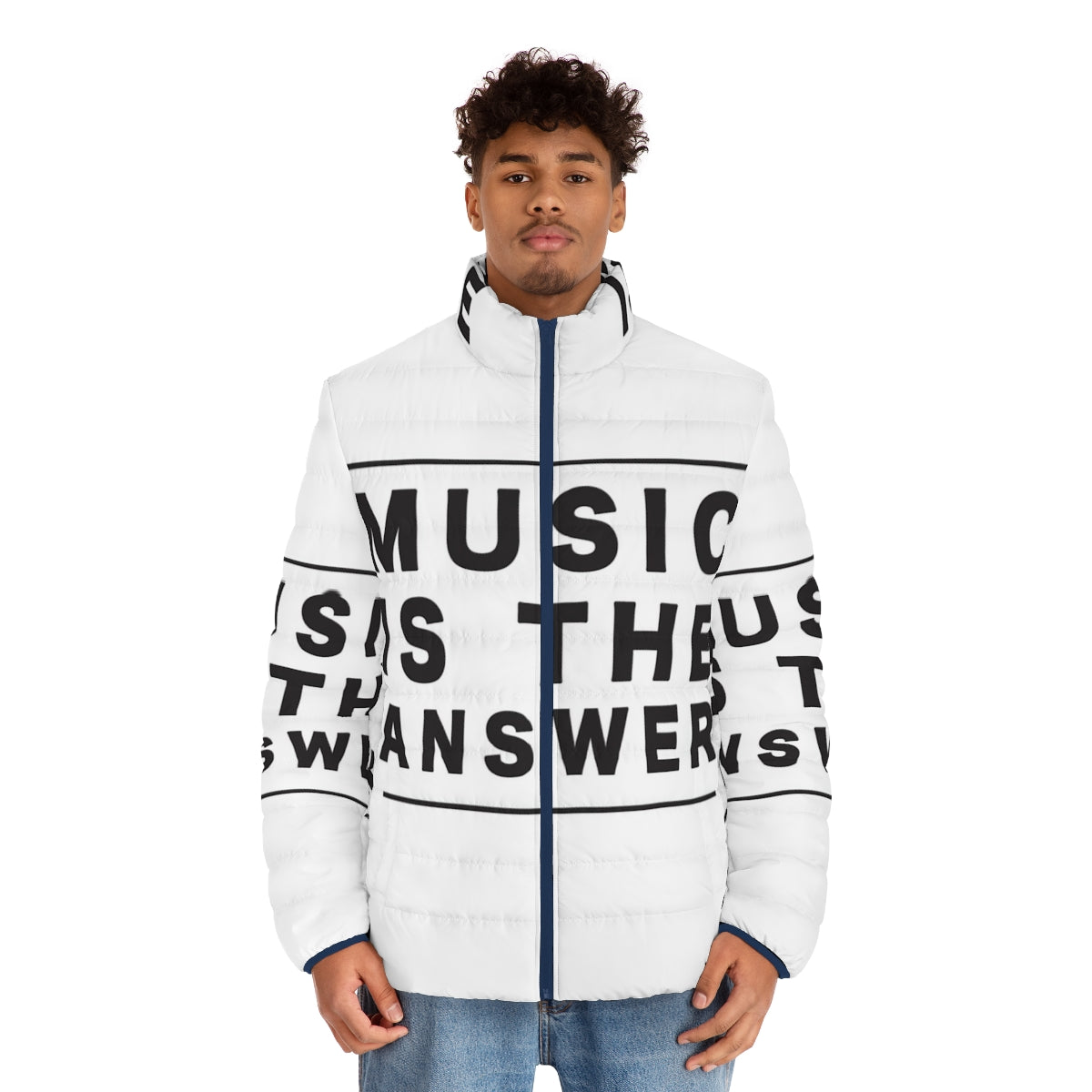 Music Is The Answer Puffer Jacket featuring a motivational quote and house music inspired design - men front