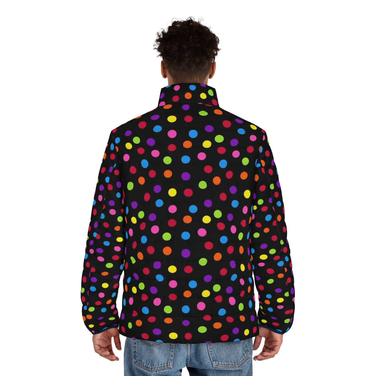 A colorful and unique rainbow puffer jacket with a confetti polka dot pattern - men back