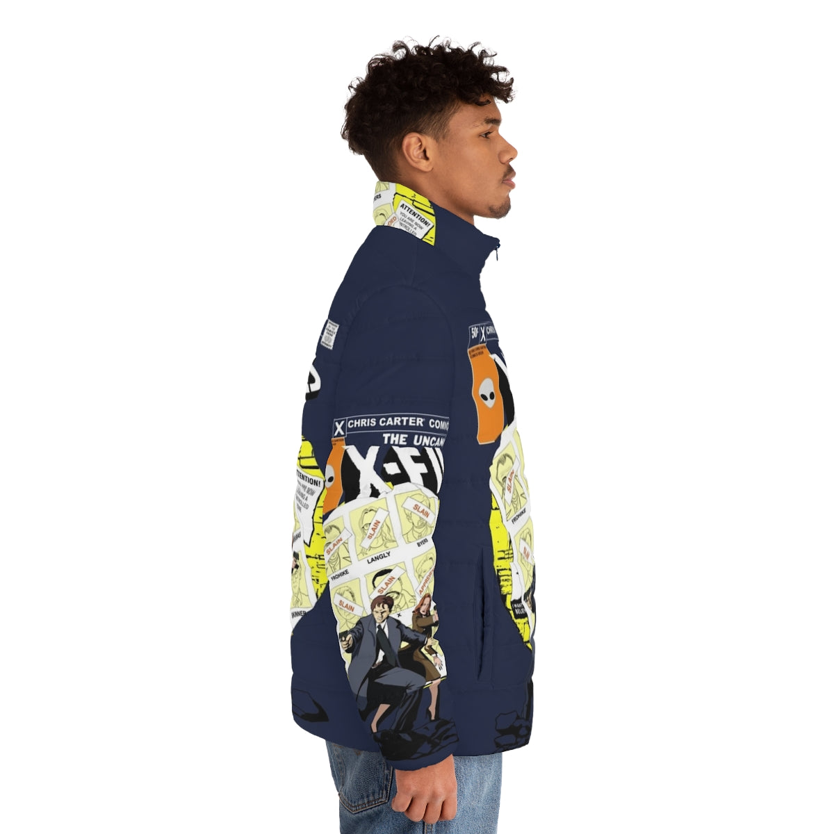 A puffer jacket featuring the iconic characters from The X-Files and X-Men - men side right