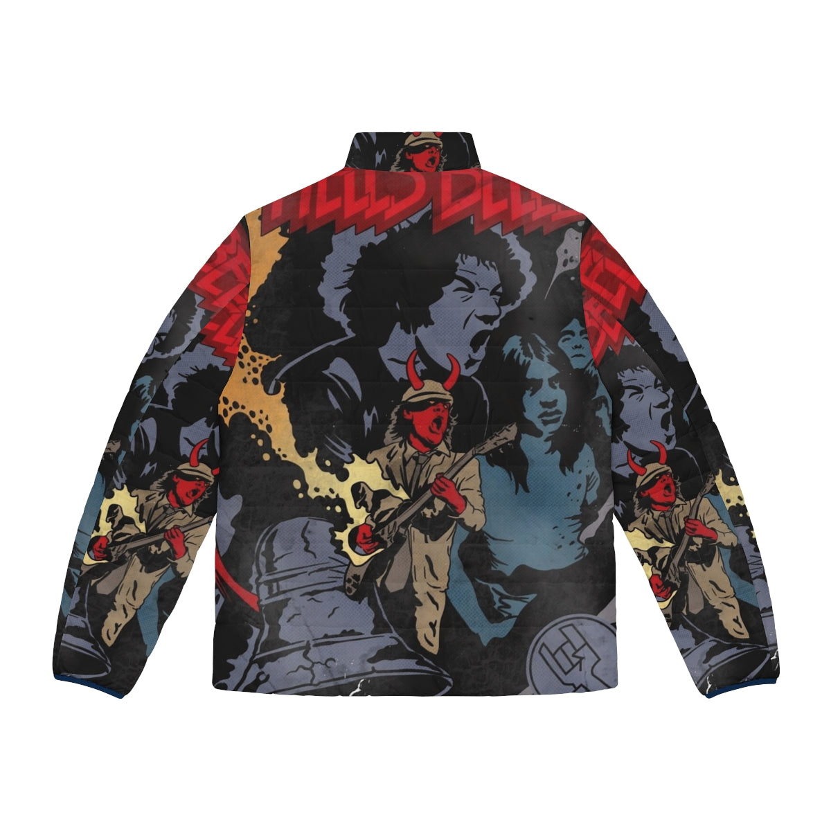 ACDC Hells Bells Comics Inspired Puffer Jacket featuring Angus Young and Hellboy designs - Back