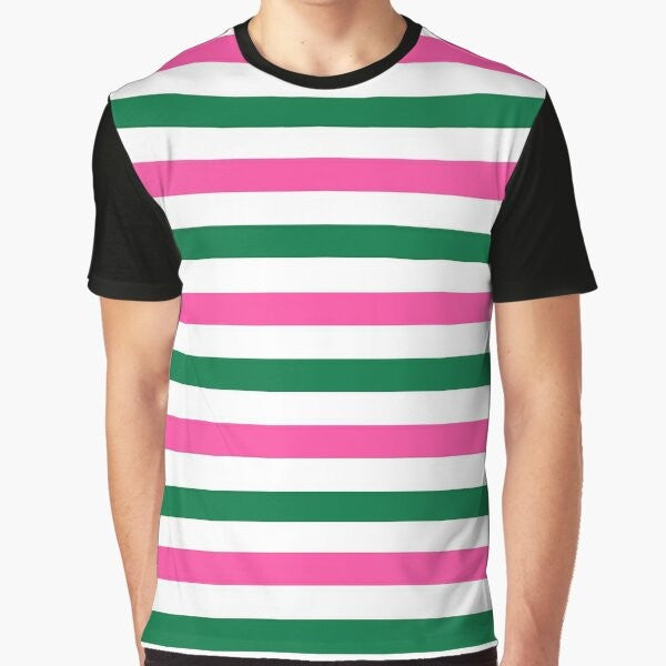 Stripy deckchair graphic t-shirt in forest green and hot pink colors