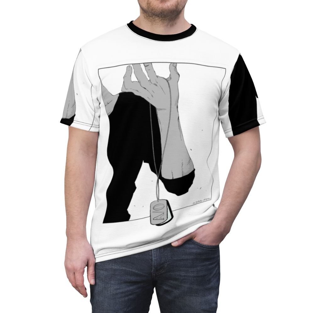 Nicolas Brown inspired AOP t-shirt with manga art design - men front