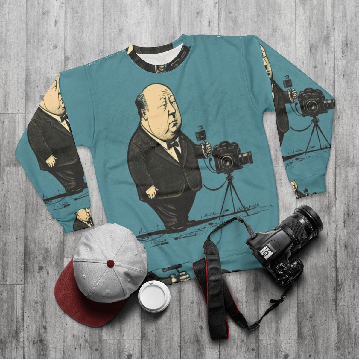 Classic Alfred Hitchcock Illustration Sweatshirt - flat lay