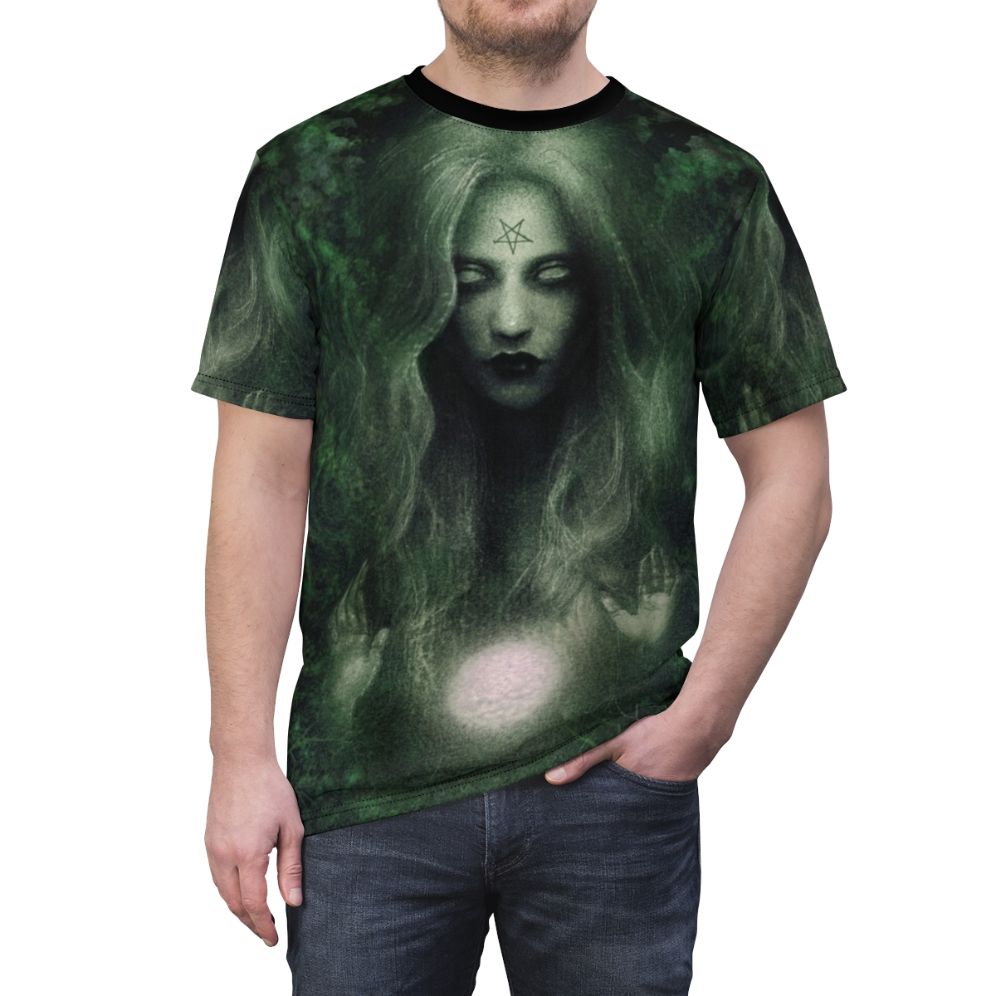 Vibrant AOP t-shirt design featuring a mystical forest witch amidst lush greenery, crystals, and natural elements. - men front